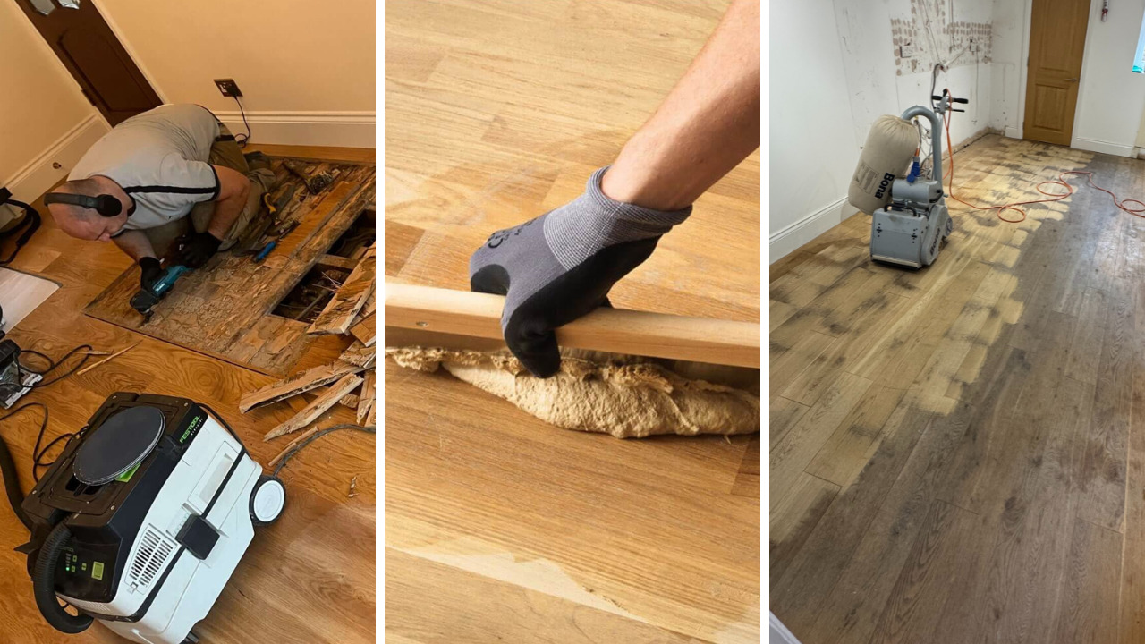 Collage showing Wood Floor Sanding in South Woodford: a technician removing damaged oak engineered boards, adhesive application under a replacement plank, and a drum sander finishing the restored floor.