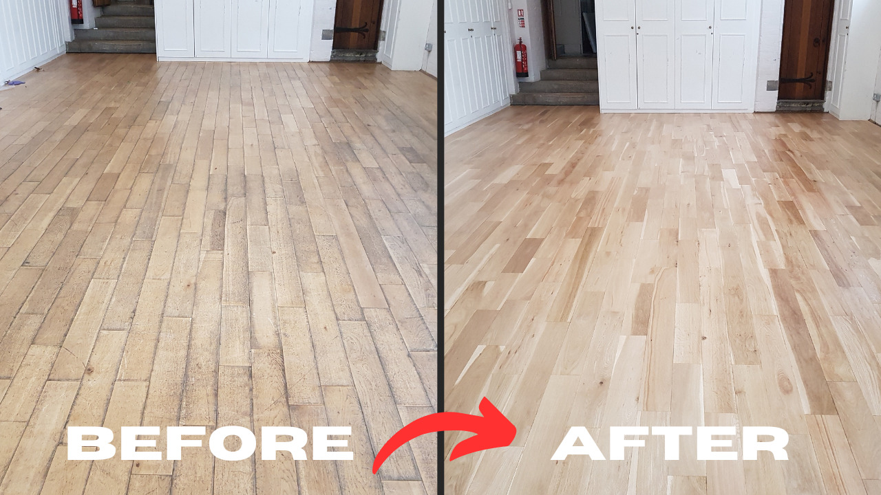 Side-by-side photo showing a worn oak strip floor before and a revitalised surface after professional Wood Floor Sanding in a South Woodford interior.