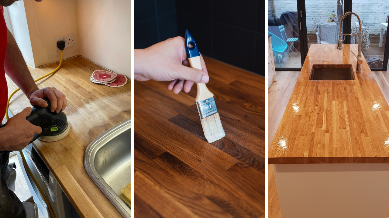 Triple image of Worktop Refinishing in southwoodford showing an oak hardwood butcher-block kitchen worktop and matching oak hardwood floor being sanded, oiled and left with a smooth, glossy finish.