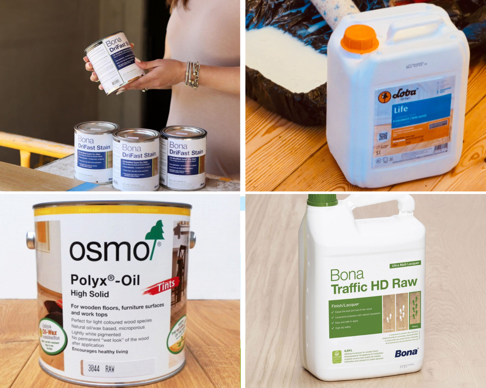 Professional oils and lacquers used for Worktop Refinishing in southwoodford, showing Bona, Loba and Osmo products for protecting oak hardwood worktops and oak hardwood floors.