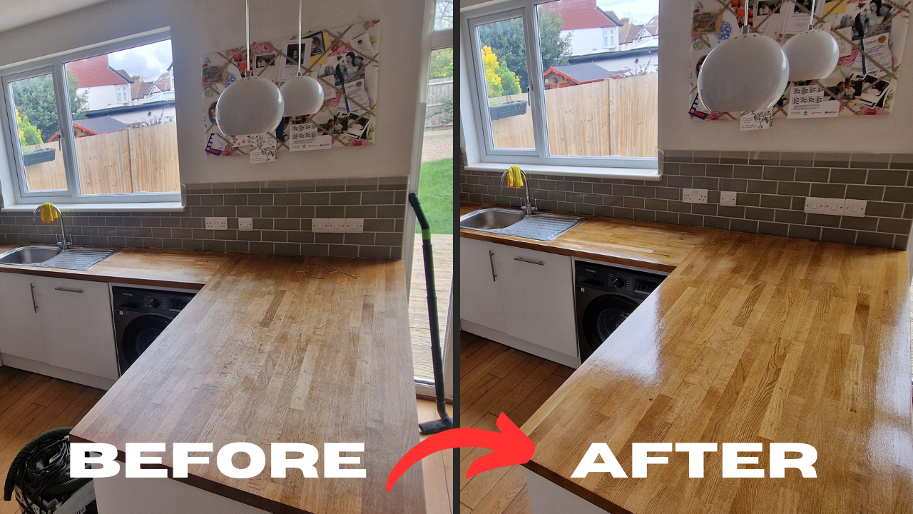 Before and after Worktop Refinishing in southwoodford showing a tired oak solid wood kitchen worktop and matching oak hardwood floor transformed to a smooth, glossy, hygienic finish.
