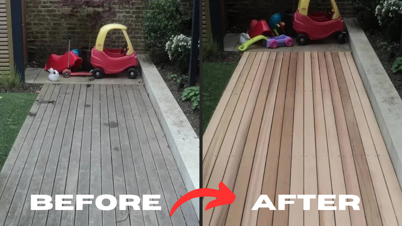 Before and after deck sanding in South Woodford showing weathered grey pine deck boards restored to clean, fresh timber decking.