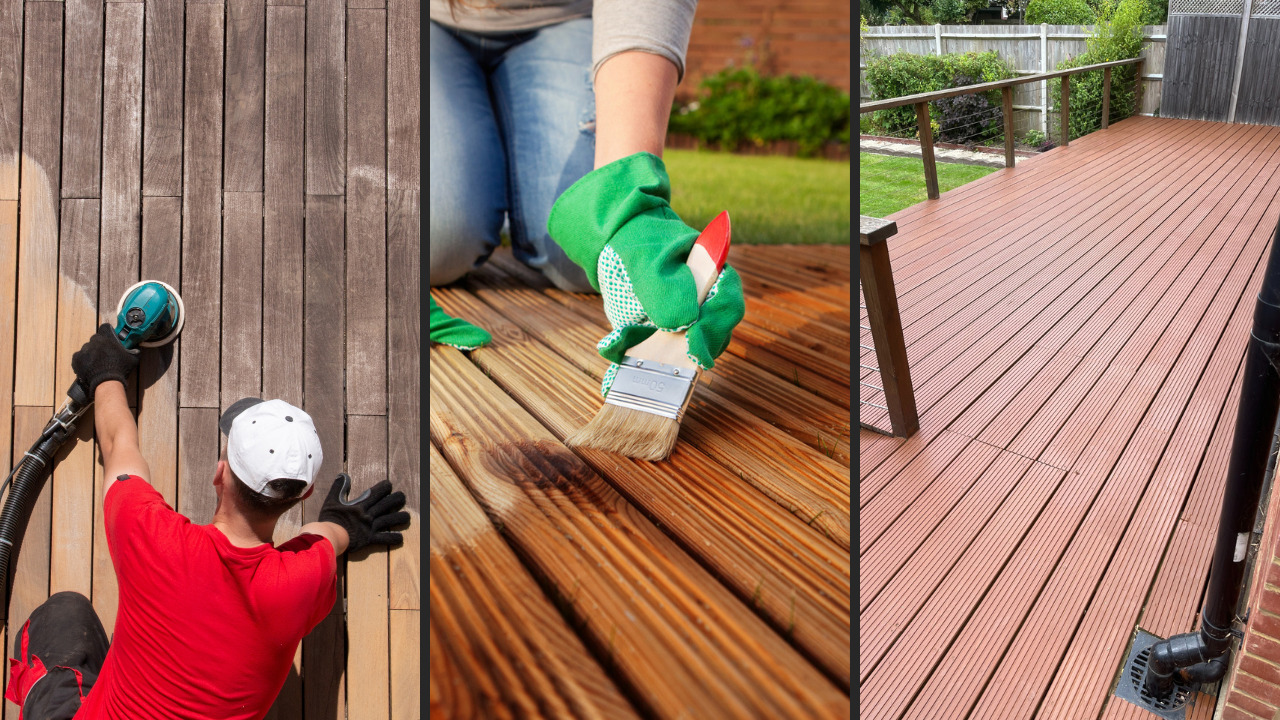 Deck Sanding in South Woodford showing the process of restoring softwood timber garden decking from sanding to oiling and a beautifully finished outdoor floor.