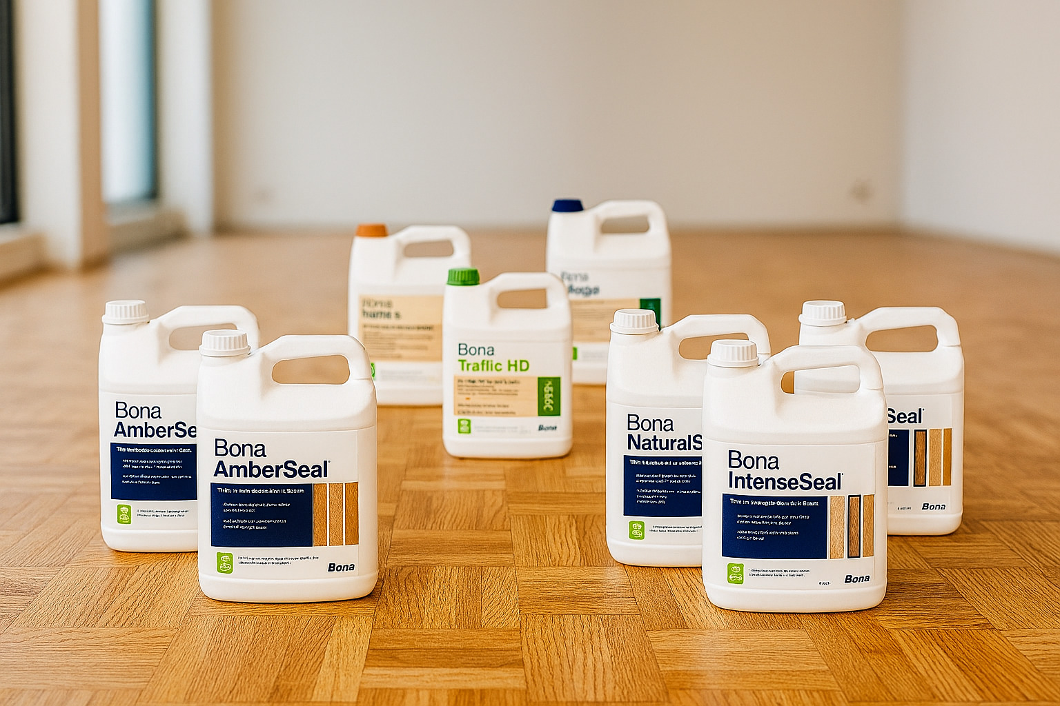 Wood Floor Sanding in Southwoodford with Bona sealers and finishes displayed on an oak mosaic parquet wood block floor for professional sanding and refinishing.