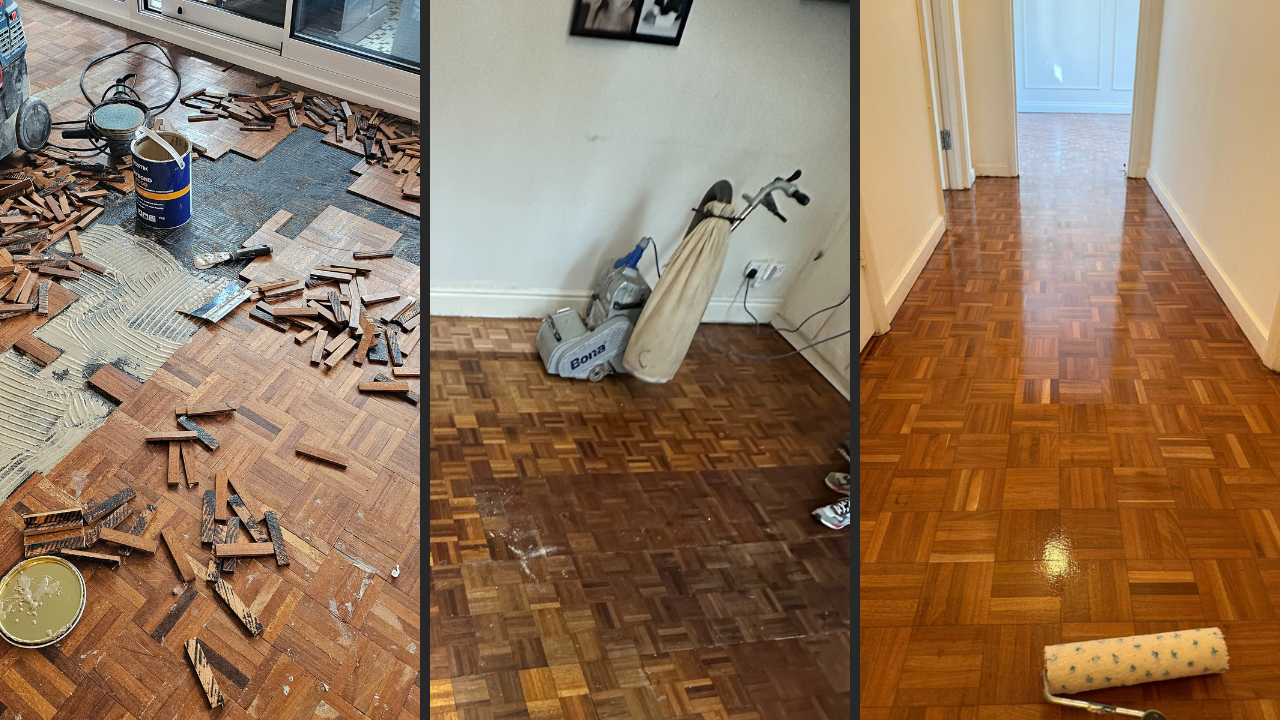 Wood Floor Sanding in Southwoodford showing an oak mosaic parquet wood block floor transformation from repair and sanding to a glossy finished hallway.
