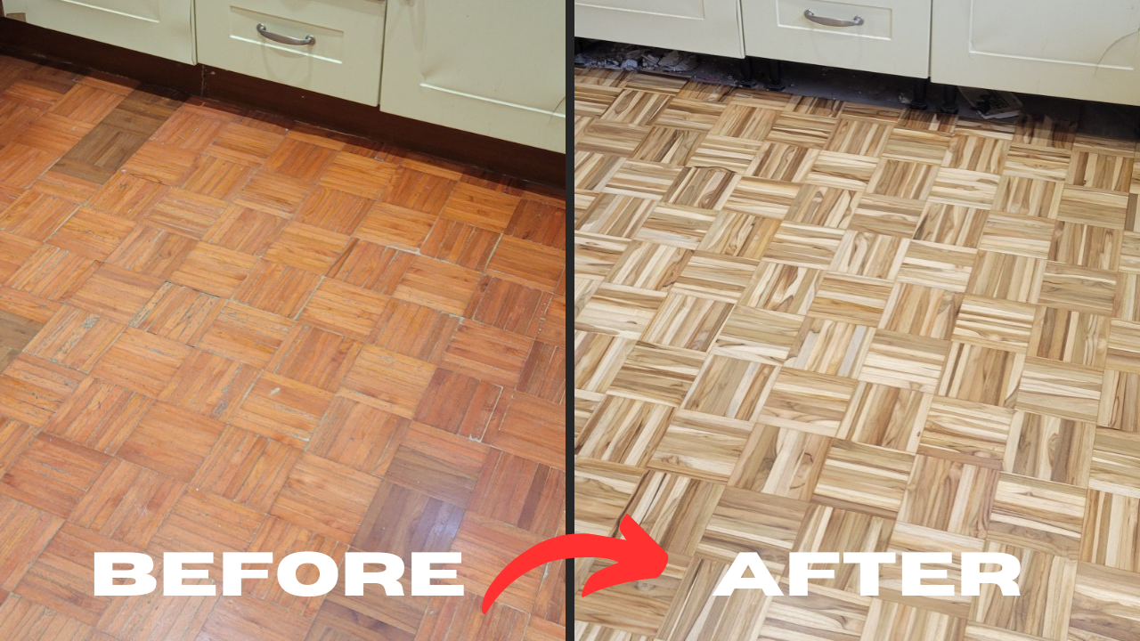 Wood Floor Sanding in Southwoodford showing a parquet wood block kitchen floor before and after professional sanding and restoration.